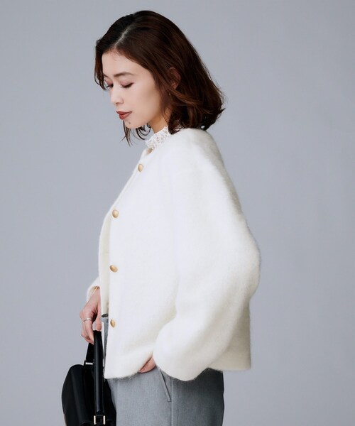 ジャケット風/メタルボタン】アルパカ混シャギーカーディガン