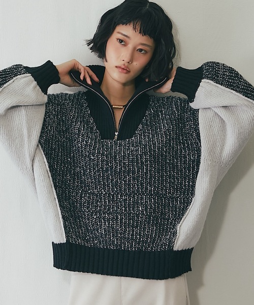 セール】配色切替えMIXハーフジップニット（ニット/セーター