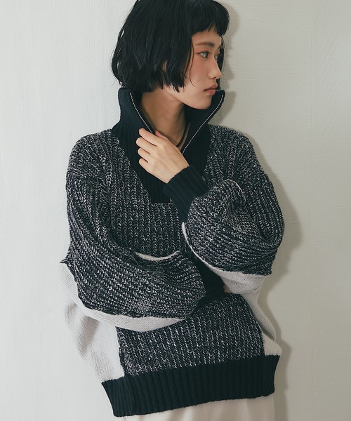 セール】配色切替えMIXハーフジップニット（ニット/セーター