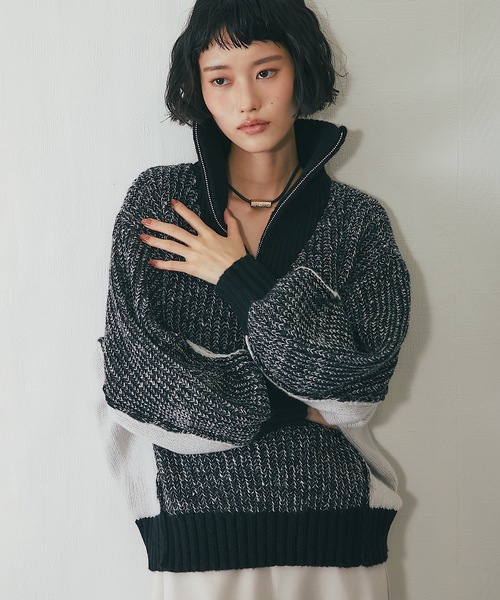 ec melodi ニット セール】配色切替えMIXハーフジップニット（ニット/セーター