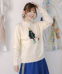 ScoLar | 153638：女の子とワンちゃん刺繍アップリケ ニットプルオーバー(ニット/セーター)