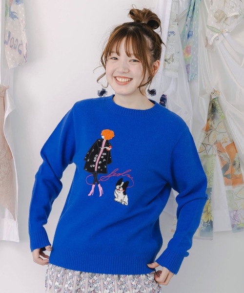 ScoLar(スカラー)の「153638:女の子とワンちゃん刺繍アップリケ ニットプルオーバー(ニット/セーター・レディース・アイボリー/ブルー・M)」の4枚目の写真
