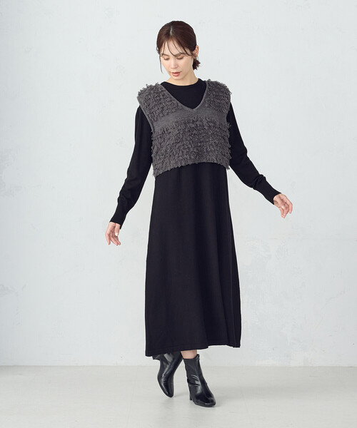 COMME CA ISM（コムサイズム）の「【ウォッシャブル】セットアイテム　ループベスト付きレイヤードワンピース（ワンピース・レディース・ブラック/ベージュ・FREE）」の2枚目の写真