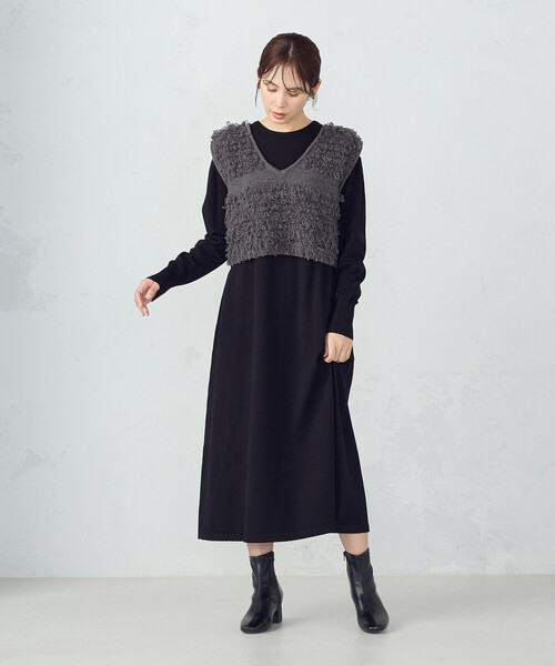 COMME CA ISM（コムサイズム）の「【ウォッシャブル】セットアイテム　ループベスト付きレイヤードワンピース（ワンピース・レディース・ブラック/ベージュ・FREE）」の14枚目の写真