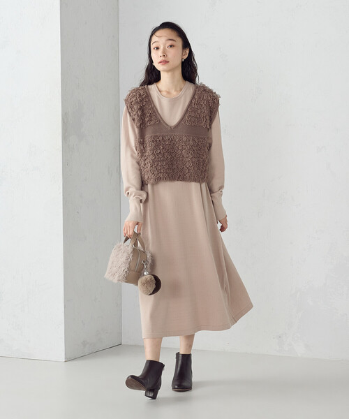 ウォッシャブル】セットアイテム ループベスト付きレイヤード