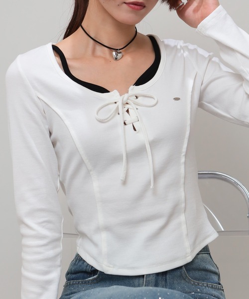 pumpkin port(パンプキンポート)の「プレートポイント スピンドルリボン テレコロンT(Tシャツ/カットソー・レディース・グレー/ブラック/ワインレッド/ブラウン/ホワイト/ベージュ・M)」の7枚目の写真