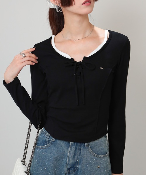 pumpkin port(パンプキンポート)の「プレートポイント スピンドルリボン テレコロンT(Tシャツ/カットソー・レディース・グレー/ブラック/ワインレッド/ブラウン/ホワイト/ベージュ・M)」の13枚目の写真