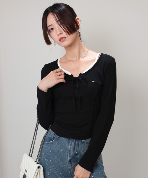 pumpkin port(パンプキンポート)の「プレートポイント スピンドルリボン テレコロンT(Tシャツ/カットソー・レディース・グレー/ブラック/ワインレッド/ブラウン/ホワイト/ベージュ・M)」の14枚目の写真