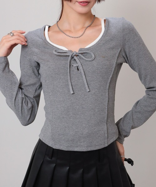pumpkin port(パンプキンポート)の「プレートポイント スピンドルリボン テレコロンT(Tシャツ/カットソー・レディース・グレー/ブラック/ワインレッド/ブラウン/ホワイト/ベージュ・M)」の17枚目の写真