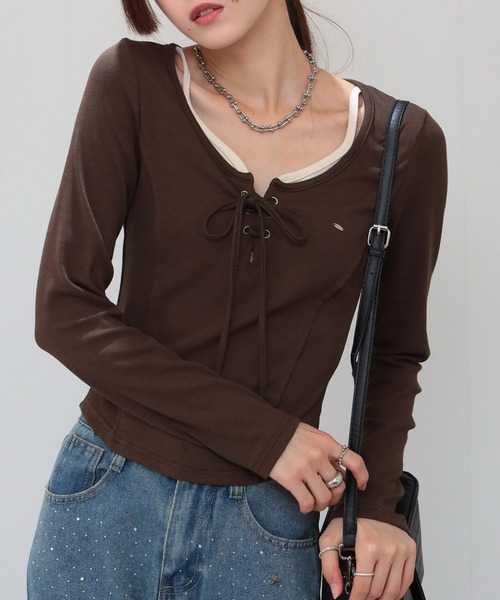pumpkin port(パンプキンポート)の「プレートポイント スピンドルリボン テレコロンT(Tシャツ/カットソー・レディース・グレー/ブラック/ワインレッド/ブラウン/ホワイト/ベージュ・M)」の22枚目の写真