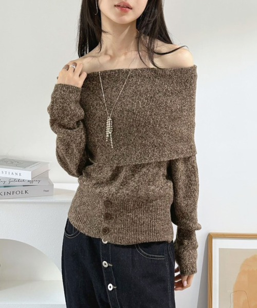 Jewelobe(ジュエローブ)の「ワイドオフショルミックス編みニットトップス(ニット/セーター・レディース・ブラウン/グレー・FREE)」の5枚目の写真