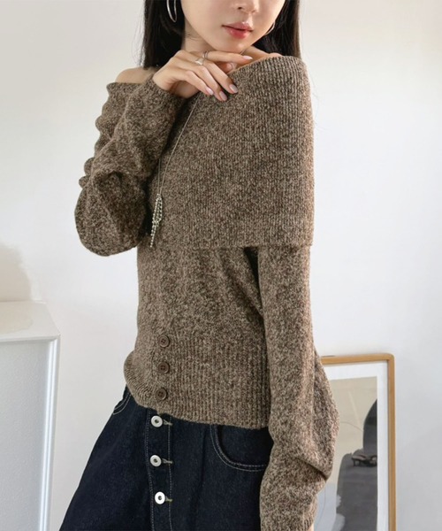 Jewelobe(ジュエローブ)の「ワイドオフショルミックス編みニットトップス(ニット/セーター・レディース・ブラウン/グレー・FREE)」の8枚目の写真