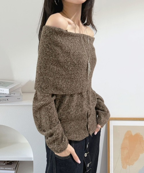 Jewelobe(ジュエローブ)の「ワイドオフショルミックス編みニットトップス(ニット/セーター・レディース・ブラウン/グレー・FREE)」の9枚目の写真