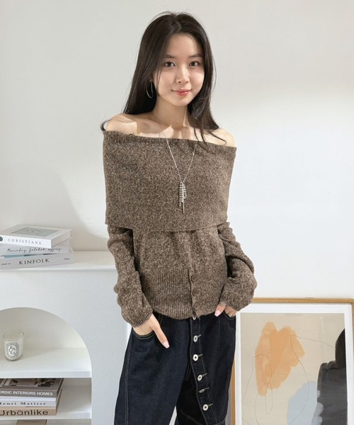 Jewelobe(ジュエローブ)の「ワイドオフショルミックス編みニットトップス(ニット/セーター・レディース・ブラウン/グレー・FREE)」の10枚目の写真