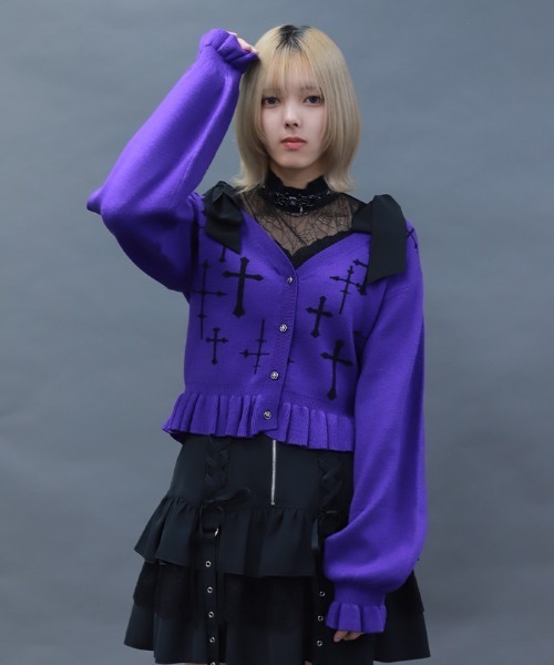 NIBBLE POISON（ニブルポイズン）の「クロスジャカードニットカーディガン（カーディガン/ボレロ・レディース・パープル/ブラック/ワイン・MEDIUM）」の2枚目の写真