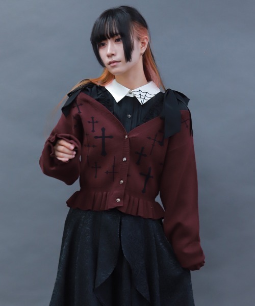 NIBBLE POISON（ニブルポイズン）の「クロスジャカードニットカーディガン（カーディガン/ボレロ・レディース・パープル/ブラック/ワイン・MEDIUM）」の3枚目の写真