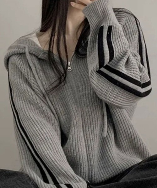 SallyLunn（サリーラン）の「ジップアップラインニットフーディー（ニット/セーター・レディース・グレー/ブラウン/ホワイト・FREE）」の11枚目の写真