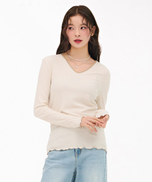 レディースフリルVネックTシャツ-ベージュ