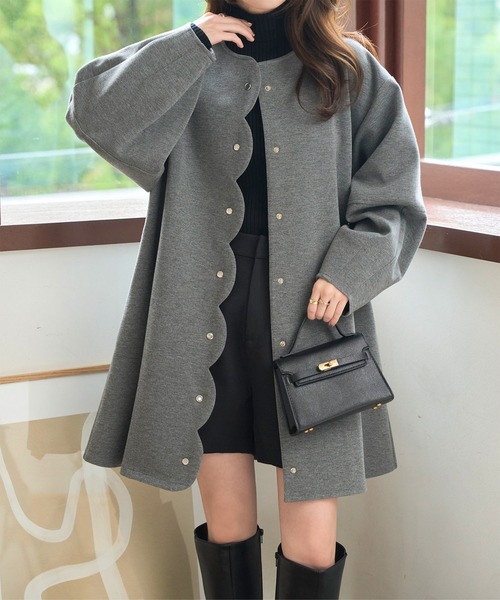 KOBE LETTUCE（コウベレタス）の「ダイバー素材スカラップコート（ノーカラーコート・レディース・ブラック/チャコール/モカ/アイボリー系・M）」の7枚目の写真