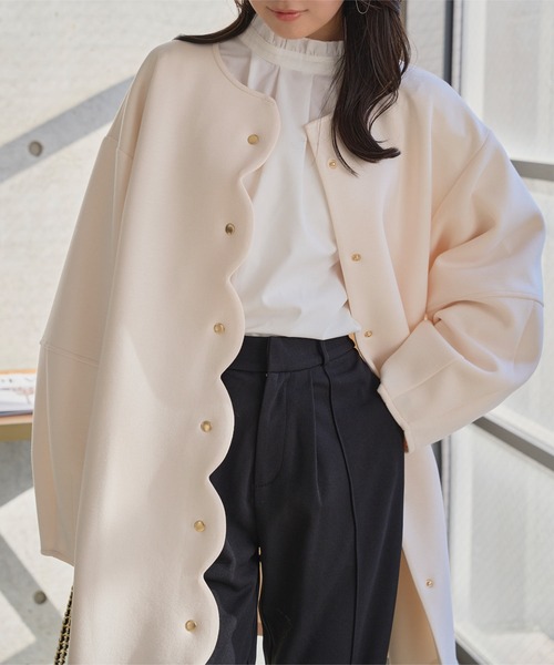 KOBE LETTUCE（コウベレタス）の「ダイバー素材スカラップコート（ノーカラーコート・レディース・ブラック/チャコール/モカ/アイボリー系・M）」の18枚目の写真