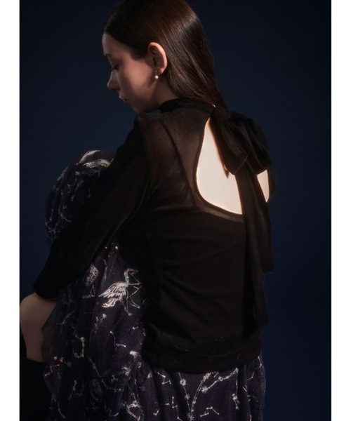 FRAY I.D（フレイアイディー）の「バックオープンフロッキーチュールトップス（Tシャツ/カットソー・レディース・ブラック/ボルドー/ピンク・F）」の2枚目の写真