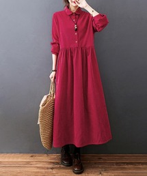 シャツワンピース（レッド/赤色系・ロング・マキシ丈）ファッション
