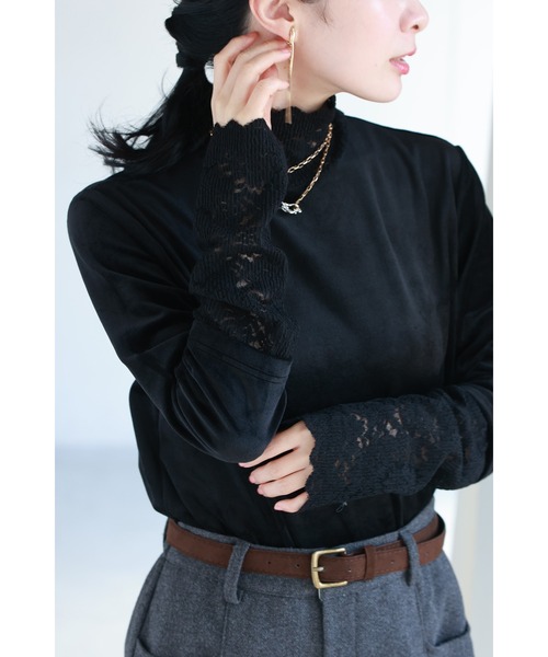 cawaii(カワイイ)の「ベロア×レース 寒さも抜け感も我慢しない インナー(Tシャツ/カットソー・レディース・アイボリー/ブラック・S~M/L~LL)」の3枚目の写真