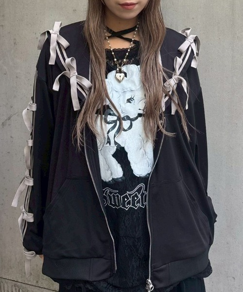 Candy Stripper(キャンディストリッパー)の「FULL OF RIBBON SAILOR JERSEY ブルゾン(ブルゾン・レディース・ブラック/ライトブルー/ピンク/グレー・FREE)」の1枚目の写真