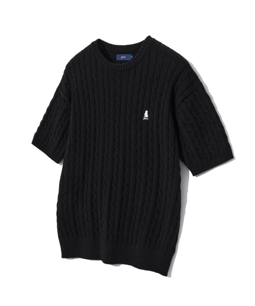 YALE(イェール)の「ヘリテージ ダン ケーブル 半袖ラウンドニット ブラック(Tシャツ/カットソー・レディース・その他・S/M/L/XL)」の1枚目の写真