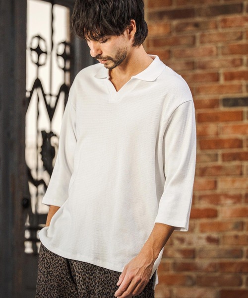 CAMBIO(カンビオ)の「ms6400- Honeycomb Waffle 3-4 Sleeve Skipper Polo Shirts スキッパーポロシャツ(S64026cmb)(ポロシャツ・メンズ・ホワイト/ブラック/チャコールグレー・S/M/L)」の4枚目の写真