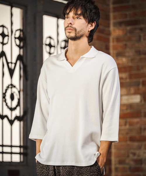 CAMBIO(カンビオ)の「ms6400- Honeycomb Waffle 3-4 Sleeve Skipper Polo Shirts スキッパーポロシャツ(S64026cmb)(ポロシャツ・メンズ・ホワイト/ブラック/チャコールグレー・S/M/L)」の5枚目の写真