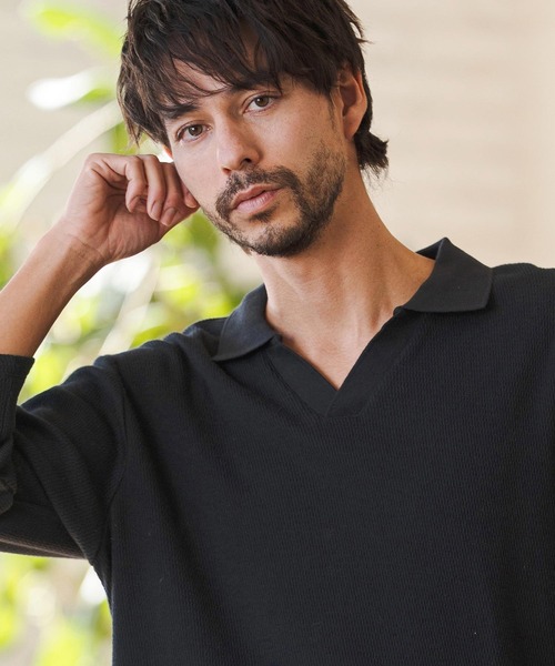 CAMBIO(カンビオ)の「ms6400- Honeycomb Waffle 3-4 Sleeve Skipper Polo Shirts スキッパーポロシャツ(S64026cmb)(ポロシャツ・メンズ・ホワイト/ブラック/チャコールグレー・S/M/L)」の12枚目の写真