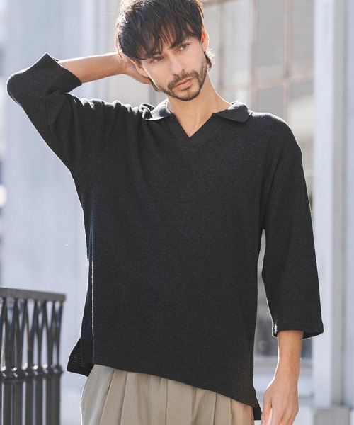 CAMBIO(カンビオ)の「ms6400- Honeycomb Waffle 3-4 Sleeve Skipper Polo Shirts スキッパーポロシャツ(S64026cmb)(ポロシャツ・メンズ・ホワイト/ブラック/チャコールグレー・S/M/L)」の17枚目の写真