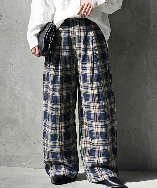 インド綿 チェック柄 ワイドパンツ（その他パンツ）｜antiqua
