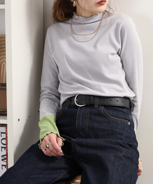 Quelle Chance(ケルシャンス)の「袖配色切替ボトルネックTシャツ 長袖(Tシャツ/カットソー・レディース・ブラック/キナリ/ブラック系2/杢グレー・M/L)」の4枚目の写真