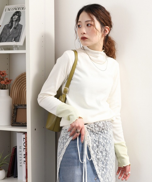 Quelle Chance(ケルシャンス)の「袖配色切替ボトルネックTシャツ 長袖(Tシャツ/カットソー・レディース・ブラック/キナリ/ブラック系2/杢グレー・M/L)」の1枚目の写真