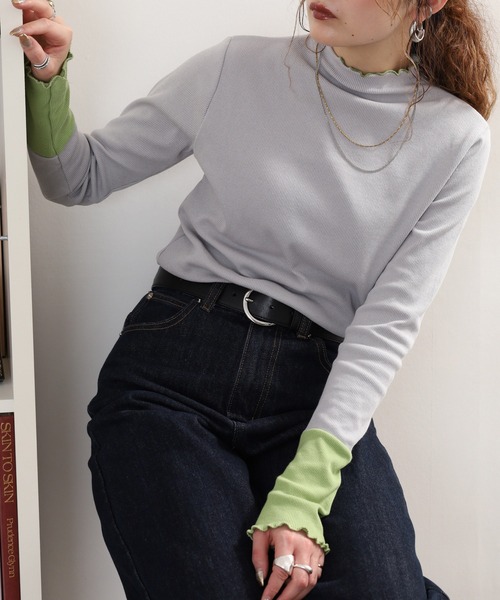 Quelle Chance(ケルシャンス)の「袖配色切替ボトルネックTシャツ 長袖(Tシャツ/カットソー・レディース・ブラック/キナリ/ブラック系2/杢グレー・M/L)」の19枚目の写真