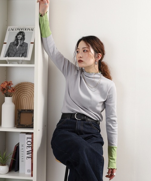 Quelle Chance(ケルシャンス)の「袖配色切替ボトルネックTシャツ 長袖(Tシャツ/カットソー・レディース・ブラック/キナリ/ブラック系2/杢グレー・M/L)」の14枚目の写真