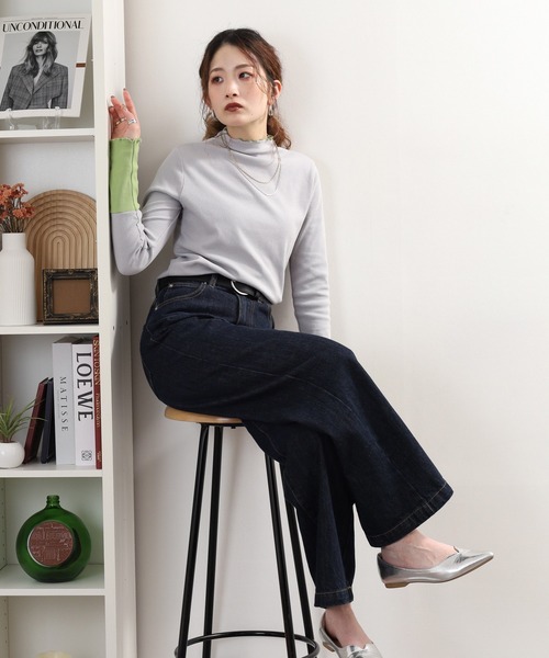 Quelle Chance(ケルシャンス)の「袖配色切替ボトルネックTシャツ 長袖(Tシャツ/カットソー・レディース・ブラック/キナリ/ブラック系2/杢グレー・M/L)」の20枚目の写真
