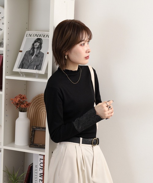 Quelle Chance(ケルシャンス)の「袖配色切替ボトルネックTシャツ 長袖(Tシャツ/カットソー・レディース・ブラック/キナリ/ブラック系2/杢グレー・M/L)」の6枚目の写真