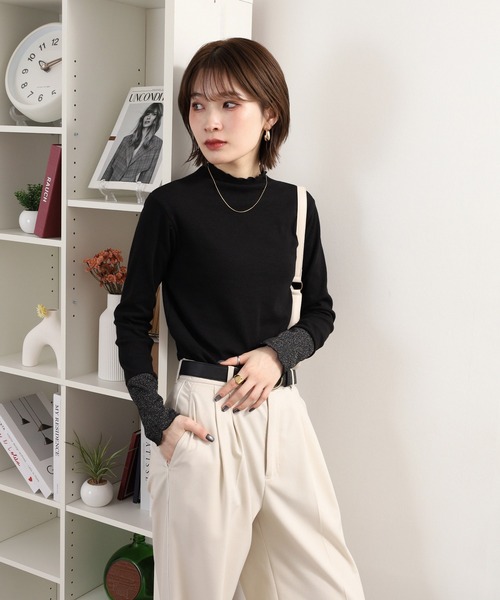 Quelle Chance(ケルシャンス)の「袖配色切替ボトルネックTシャツ 長袖(Tシャツ/カットソー・レディース・ブラック/キナリ/ブラック系2/杢グレー・M/L)」の7枚目の写真