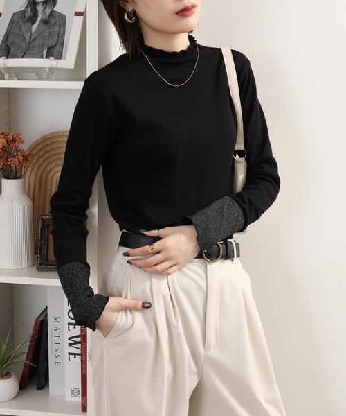 Quelle Chance(ケルシャンス)の「袖配色切替ボトルネックTシャツ 長袖(Tシャツ/カットソー・レディース・ブラック/キナリ/ブラック系2/杢グレー・M/L)」の8枚目の写真