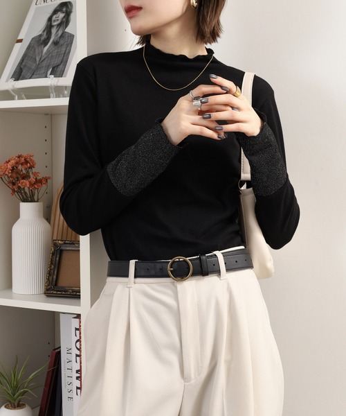 Quelle Chance(ケルシャンス)の「袖配色切替ボトルネックTシャツ 長袖(Tシャツ/カットソー・レディース・ブラック/キナリ/ブラック系2/杢グレー・M/L)」の9枚目の写真