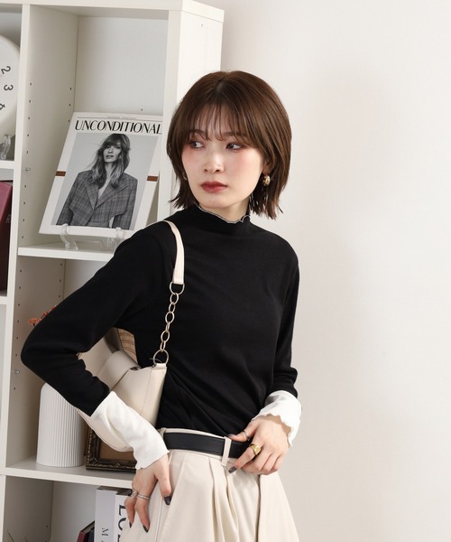 Quelle Chance(ケルシャンス)の「袖配色切替ボトルネックTシャツ 長袖(Tシャツ/カットソー・レディース・ブラック/キナリ/ブラック系2/杢グレー・M/L)」の10枚目の写真