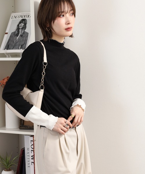 Quelle Chance(ケルシャンス)の「袖配色切替ボトルネックTシャツ 長袖(Tシャツ/カットソー・レディース・ブラック/キナリ/ブラック系2/杢グレー・M/L)」の12枚目の写真