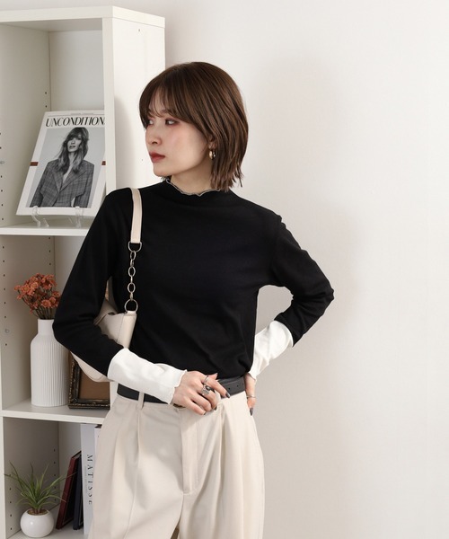Quelle Chance(ケルシャンス)の「袖配色切替ボトルネックTシャツ 長袖(Tシャツ/カットソー・レディース・ブラック/キナリ/ブラック系2/杢グレー・M/L)」の13枚目の写真
