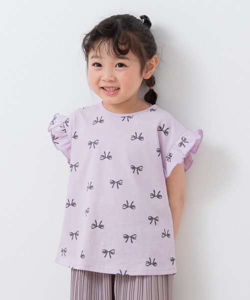 chil2(チルツー)の「綿100% 総柄肩フリルTシャツ(Tシャツ/カットソー・キッズ・ミント/チャコールグレー/スモークピンク/ホワイト/ラベンダー・100cm/90cm/80cm/110cm/140cm/130cm/120cm)」の4枚目の写真