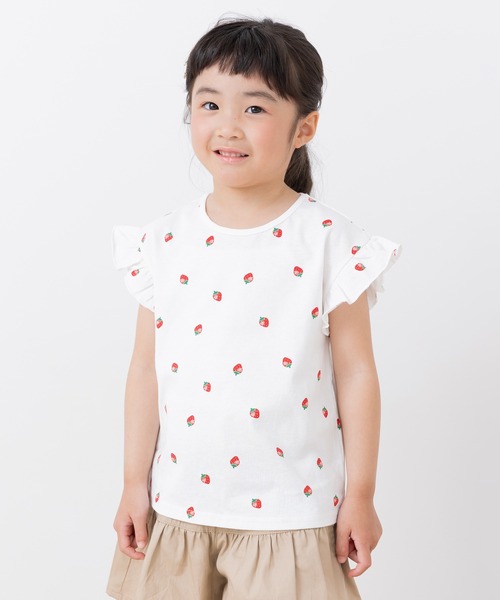 chil2(チルツー)の「綿100% 総柄肩フリルTシャツ(Tシャツ/カットソー・キッズ・ミント/チャコールグレー/スモークピンク/ホワイト/ラベンダー・100cm/90cm/80cm/110cm/140cm/130cm/120cm)」の2枚目の写真