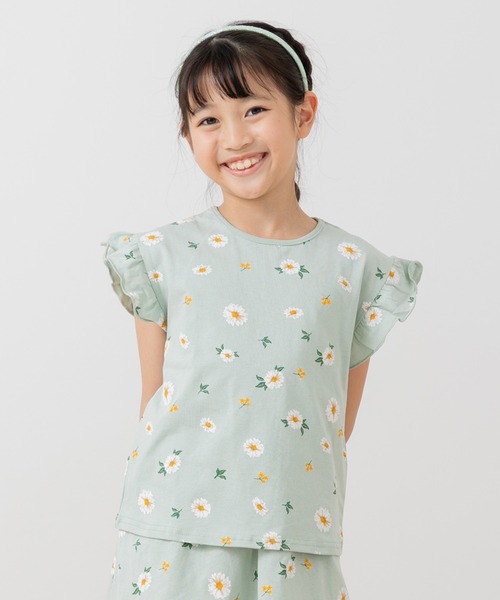 chil2(チルツー)の「綿100% 総柄肩フリルTシャツ(Tシャツ/カットソー・キッズ・ミント/チャコールグレー/スモークピンク/ホワイト/ラベンダー・100cm/90cm/80cm/110cm/140cm/130cm/120cm)」の3枚目の写真