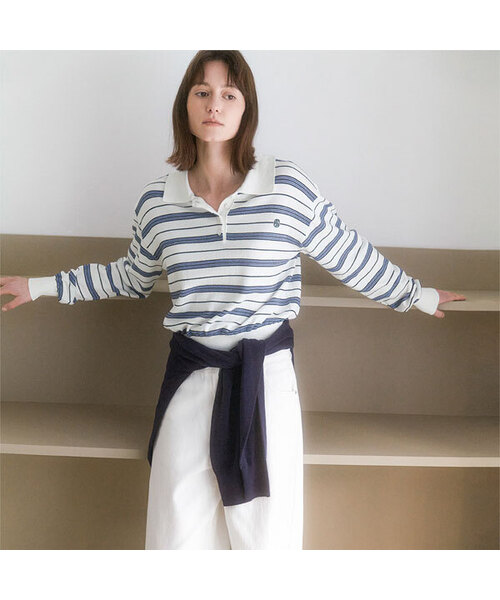 ATELIER NAIN（アトリエナイン）の「MULTI STRIPE LOOSE FIT COLLAR KNIT (T-7179)（ニット/セーター・レディース・ダークネイビー/ホワイト・FREE）」の2枚目の写真